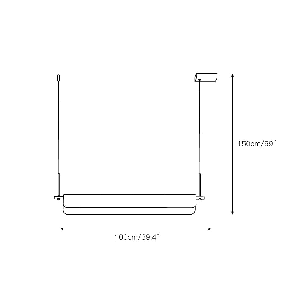 Dimension drawing for the Clérachic Linear Alabaster LED Pendant Light, 100cm/39.4″ bar length on a 150cm/59″ cable drop.