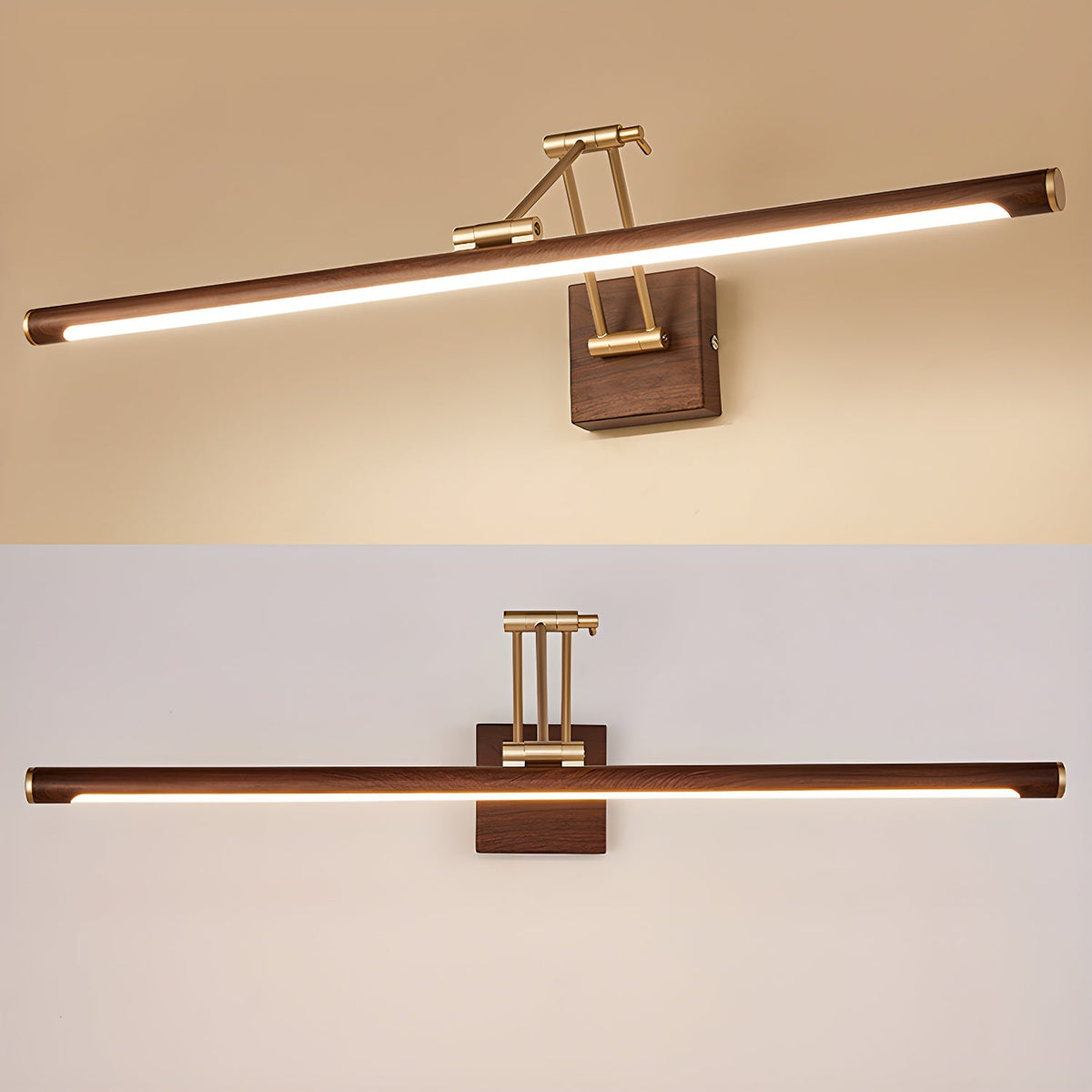 Two views of this Clérachic linear wall light, lit against a warm beige wall above and unlit on a pale wall below.