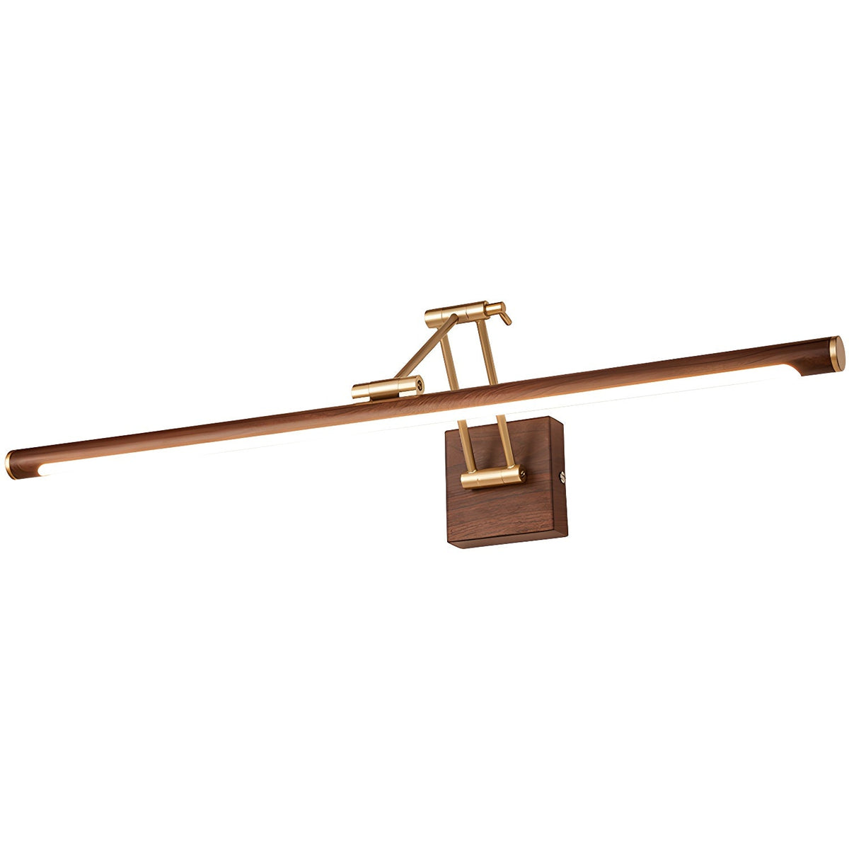 Cut-out view of this Clérachic linear wall light on white, with a walnut tube tilted on a brass arm over a square wall block.