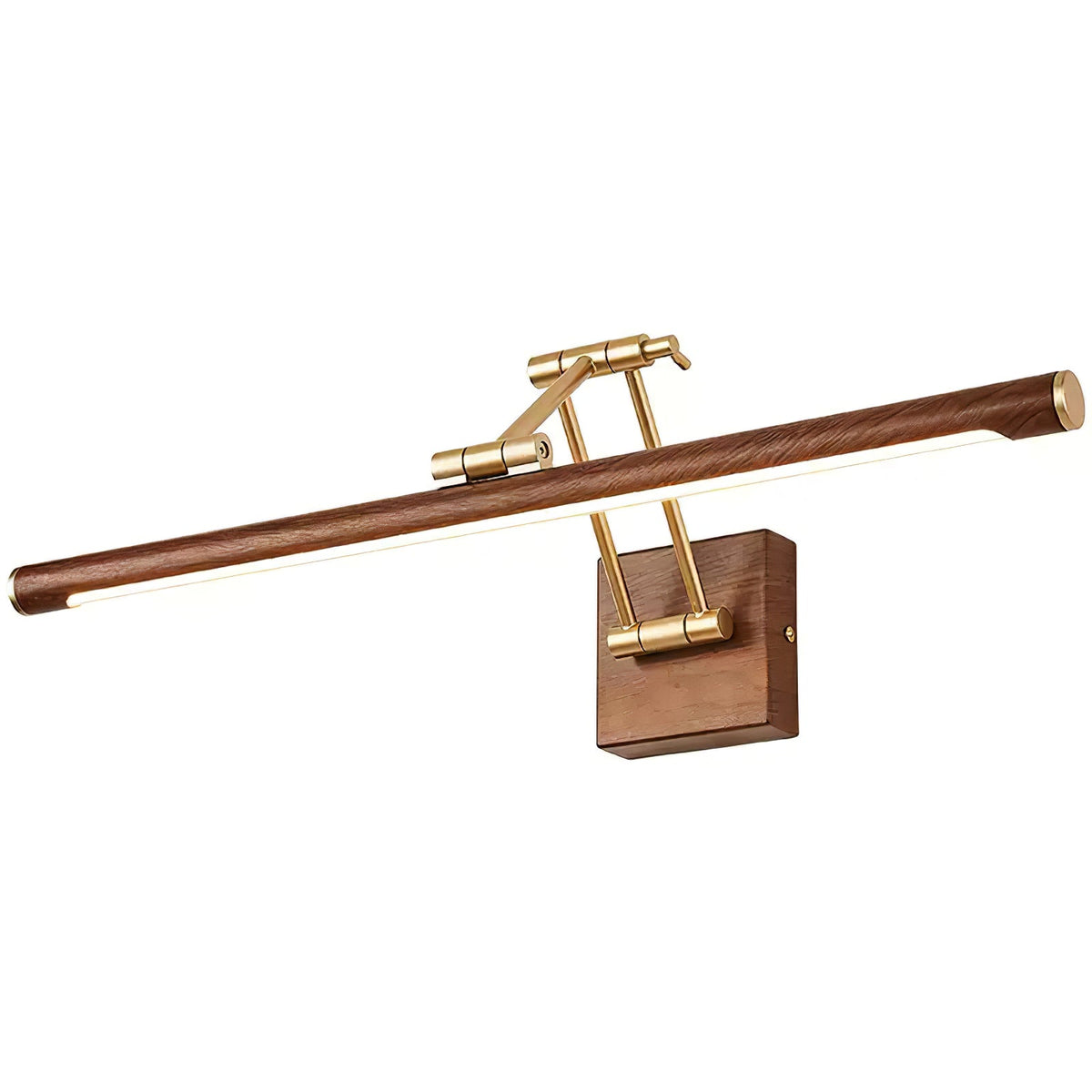 Cut-out view of this Clérachic linear wall light on white, showing the grained walnut tube, brass end caps and the square wall block.