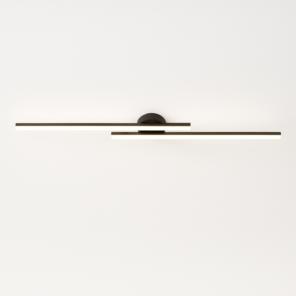 Clérachic black aluminium ceiling light with two offset linear bars and a round canopy, lit with a bright frosted diffuser edge.