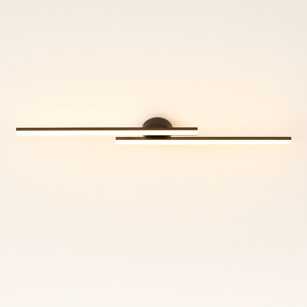 Clérachic black twin-bar ceiling light, its frosted acrylic diffusers glowing in a warm tone from a small round black canopy.