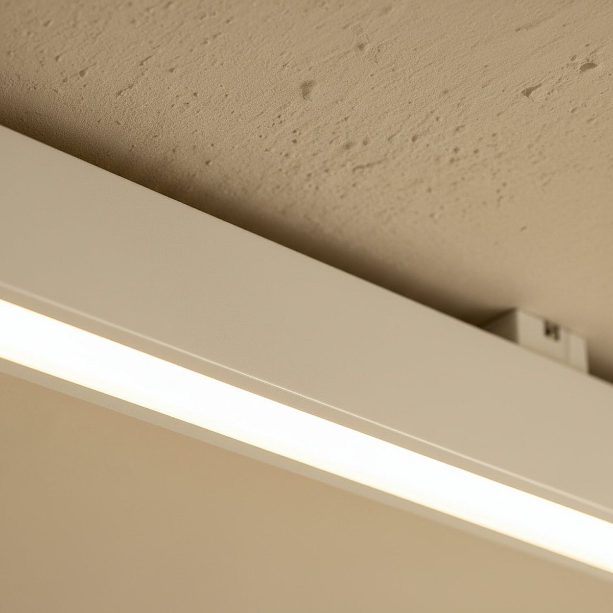 A close view of a soft white linear LED bar's mounting box against a textured stucco ceiling, this Clérachic fixture lit along its edge.