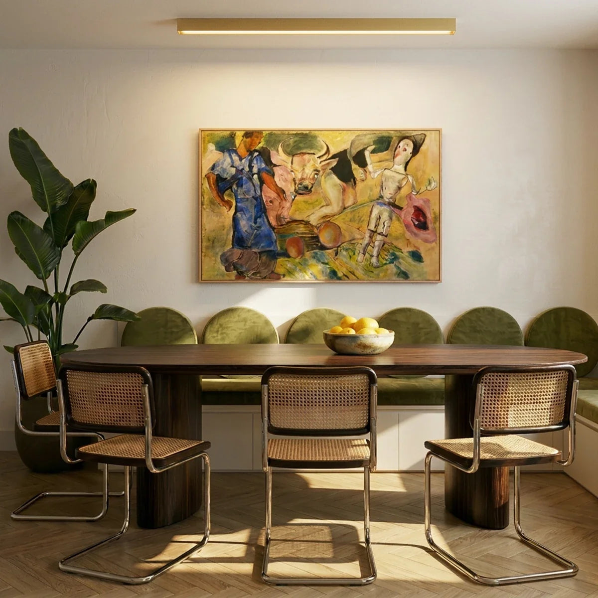 A brushed gold linear LED bar lights a dining room ceiling above a wood table, cane chairs and framed artwork, a Clérachic fixture.