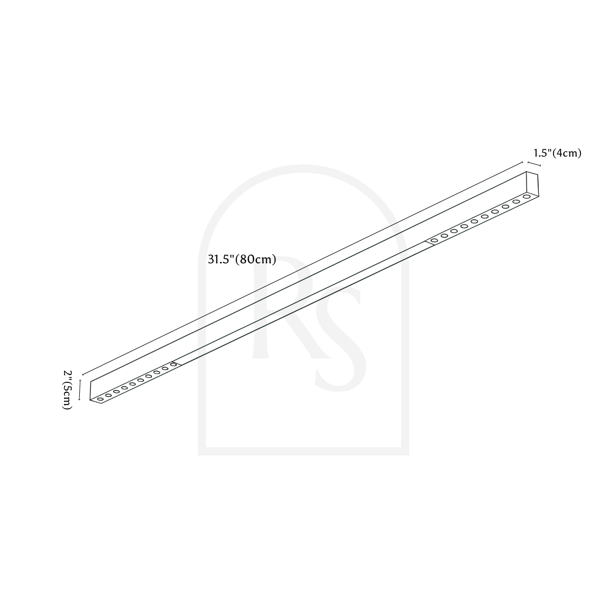 Clérachic ceiling light dimension drawing, 80 cm, 32 W, every measurement marked in centimetres and inches.