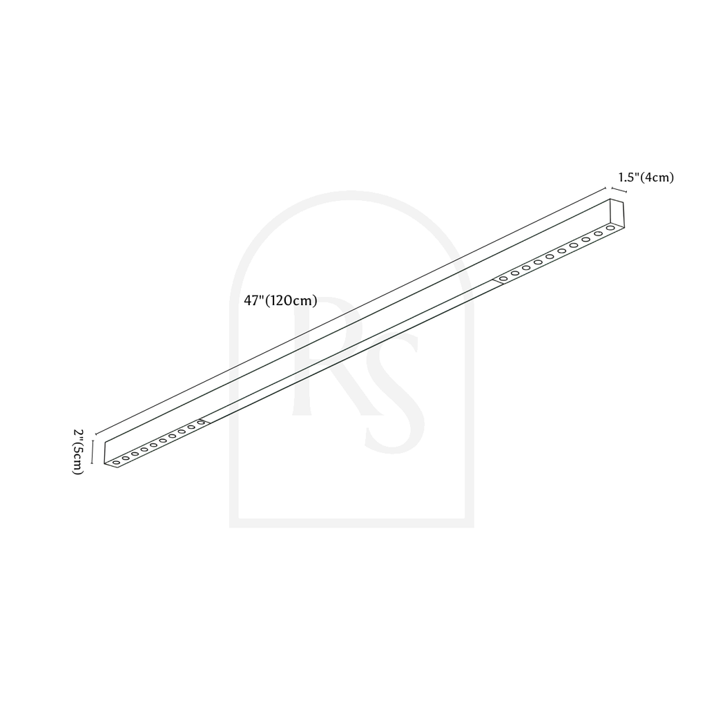 Clérachic ceiling light dimension drawing, 120 cm, 48 W, every measurement marked in centimetres and inches.