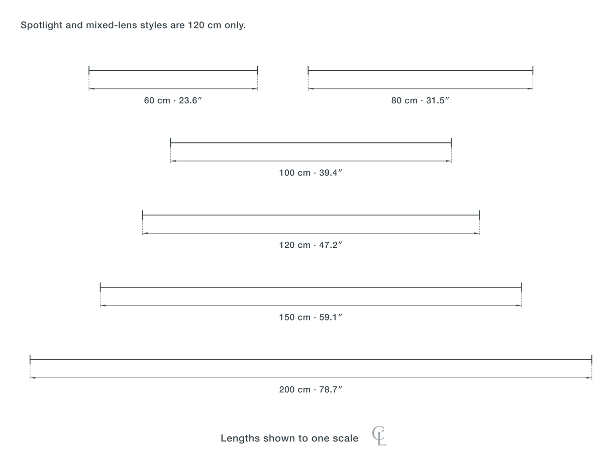 Technical dimension drawing of the Linear Ceiling Light for Kitchen Island, 60 to 200 cm LED in all 6 sizes — 60 cm (23.6″) long, 80 cm (31.5″) long, 100 cm (39.4″) long, 120 cm (47.2″) long, 150 cm (59.1″) long, 200 cm (78.7″) long, drawn to one scale.