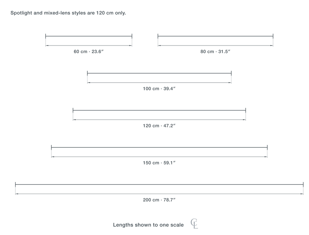 Technical dimension drawing of the Clérachic Linear Ceiling Light for Kitchen Island, 60 to 200 cm LED in all 6 sizes — 60 cm (23.6″) long, 80 cm (31.5″) long, 100 cm (39.4″) long, 120 cm (47.2″) long, 150 cm (59.1″) long, 200 cm (78.7″) long, drawn to one scale.
