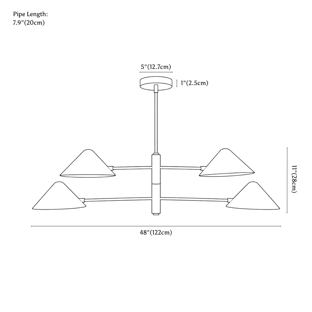 Clérachic chandelier dimension drawing, every measurement marked in centimetres and inches.