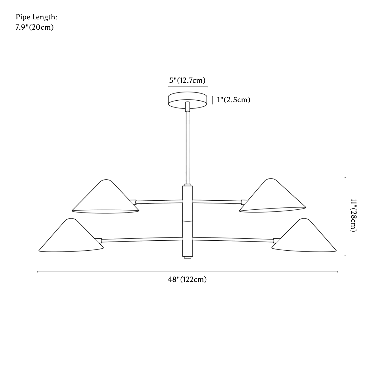 Clérachic chandelier dimension drawing, every measurement marked in centimetres and inches.