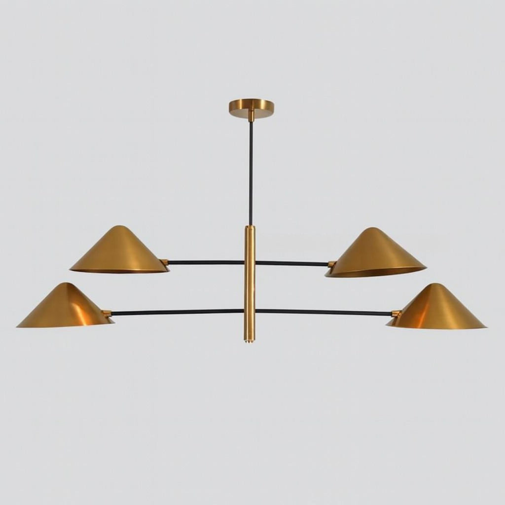 Clérachic four-light chandelier in brushed brass and black, front view of the two tiers of cone shades on long arms