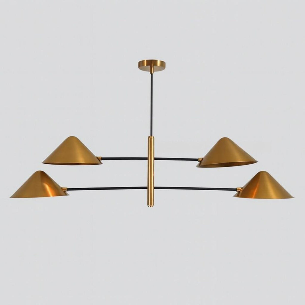 Clérachic four-light chandelier in brushed brass and black, front view of the two tiers of cone shades on long arms