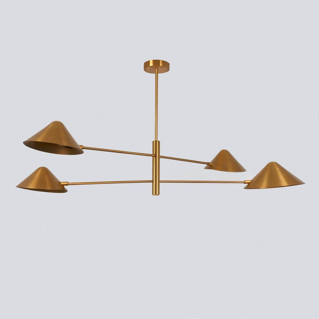 Clérachic four-arm chandelier in an all-brass finish, cone shades, arms and canopy in matching brushed brass