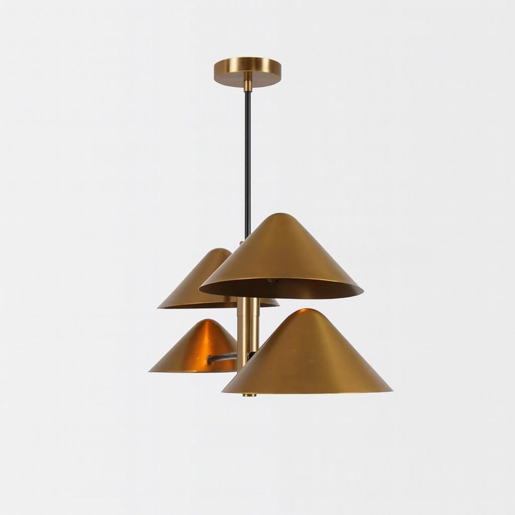 Clérachic brass cone-shade chandelier seen from the side, the four shades turning around the central stem