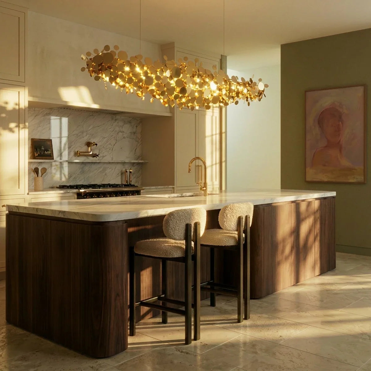 Clérachic gold disc chandelier over a marble-topped kitchen island with boucle stools, lit warm in low sun.