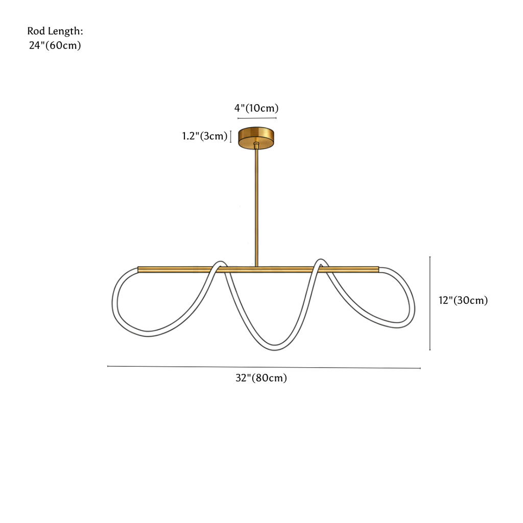 Clérachic chandelier dimension drawing, L32 80 cm, every measurement marked in centimetres and inches.