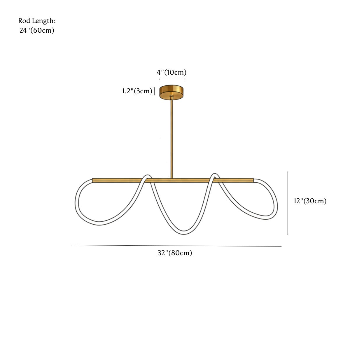 Clérachic chandelier dimension drawing, L32 80 cm, every measurement marked in centimetres and inches.