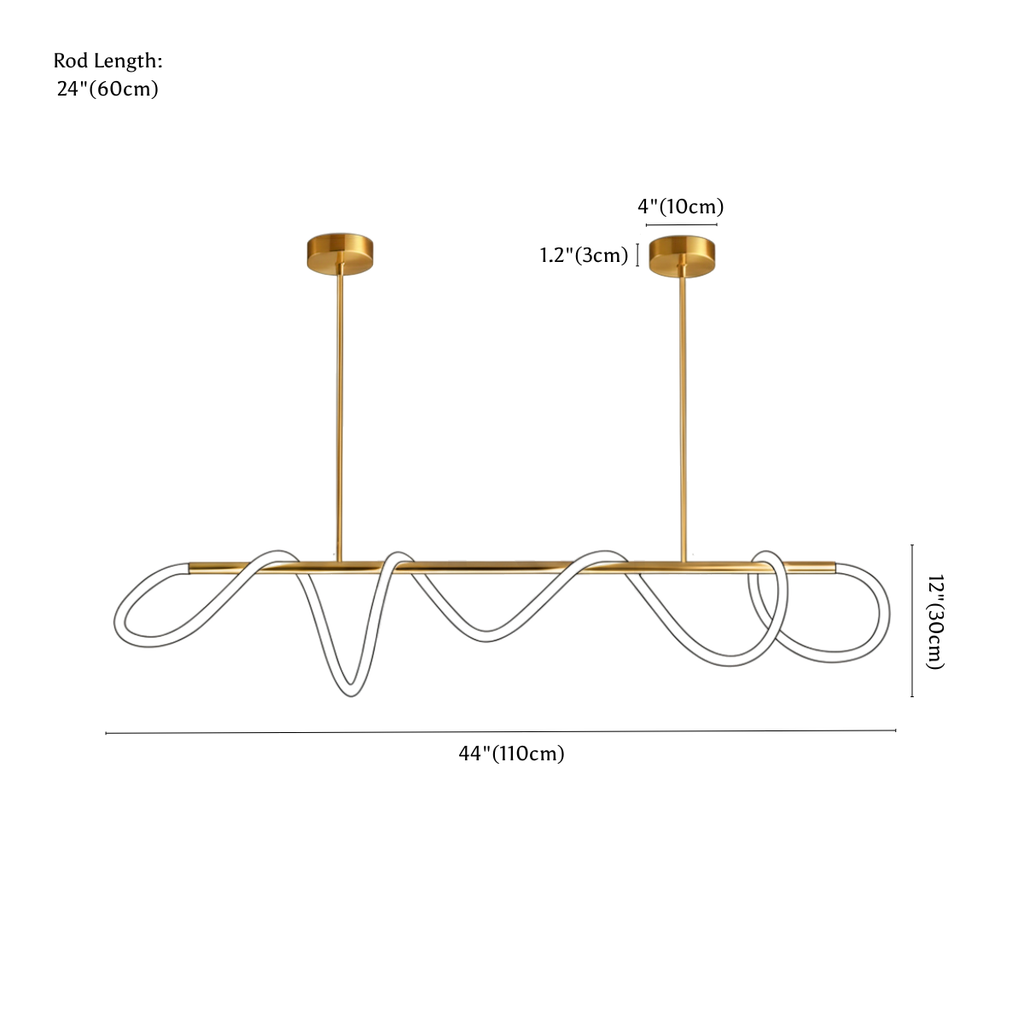 Clérachic chandelier dimension drawing, L44 110 cm, every measurement marked in centimetres and inches.