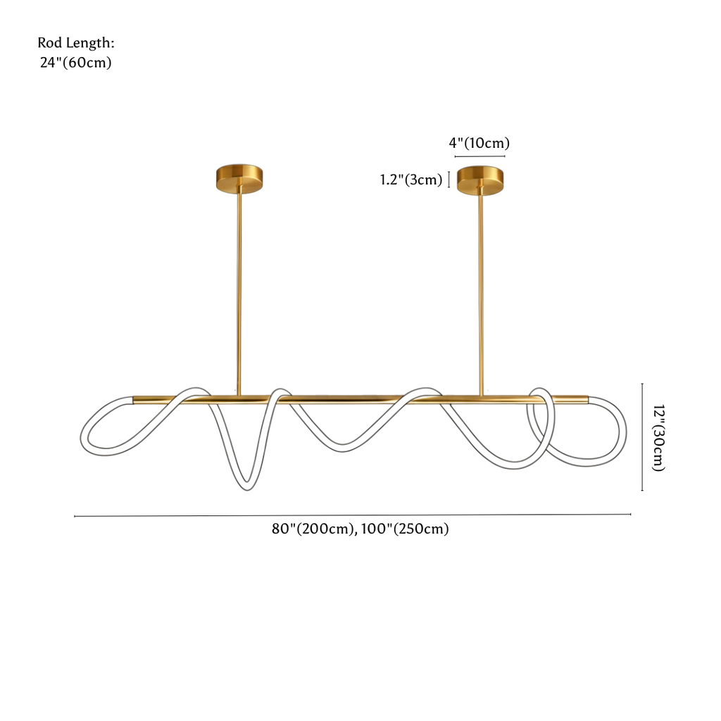 Clérachic chandelier dimension drawing, L80 200 cm 100 250 cm, every measurement marked in centimetres and inches.
