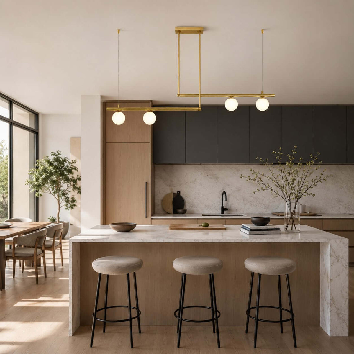 This Clérachic linear chandelier, with two stepped brass bars and four glowing globes, hangs over a marble kitchen island and three stools.