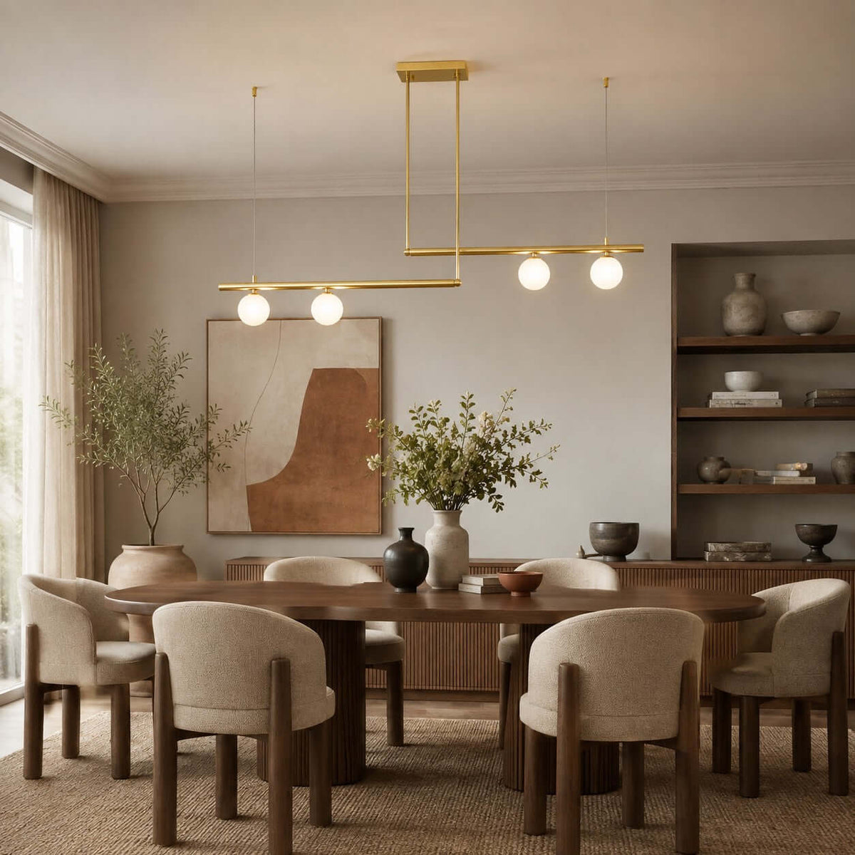 Over a round dark dining table with boucle chairs, this Clérachic chandelier carries four frosted globes on two offset brass bars.