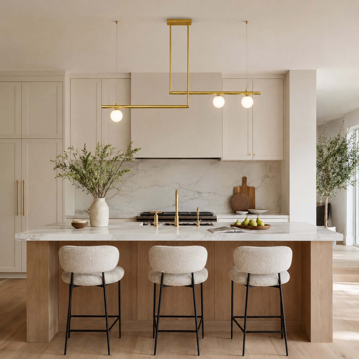 A Clérachic chandelier with one globe on a short bar and two on a longer one hangs above a kitchen island with boucle stools.