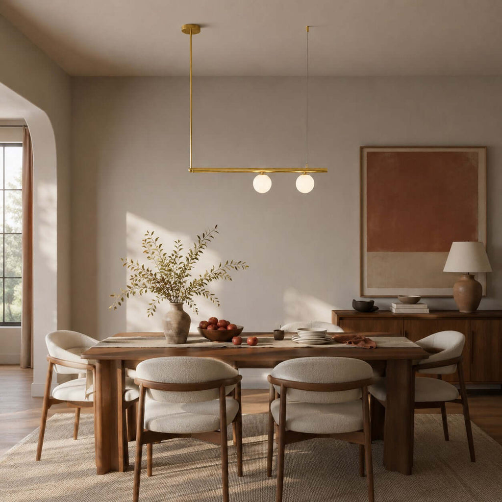 Single-bar Clérachic chandelier with two frosted globes, hung over a wooden dining table in a room with an arched doorway.