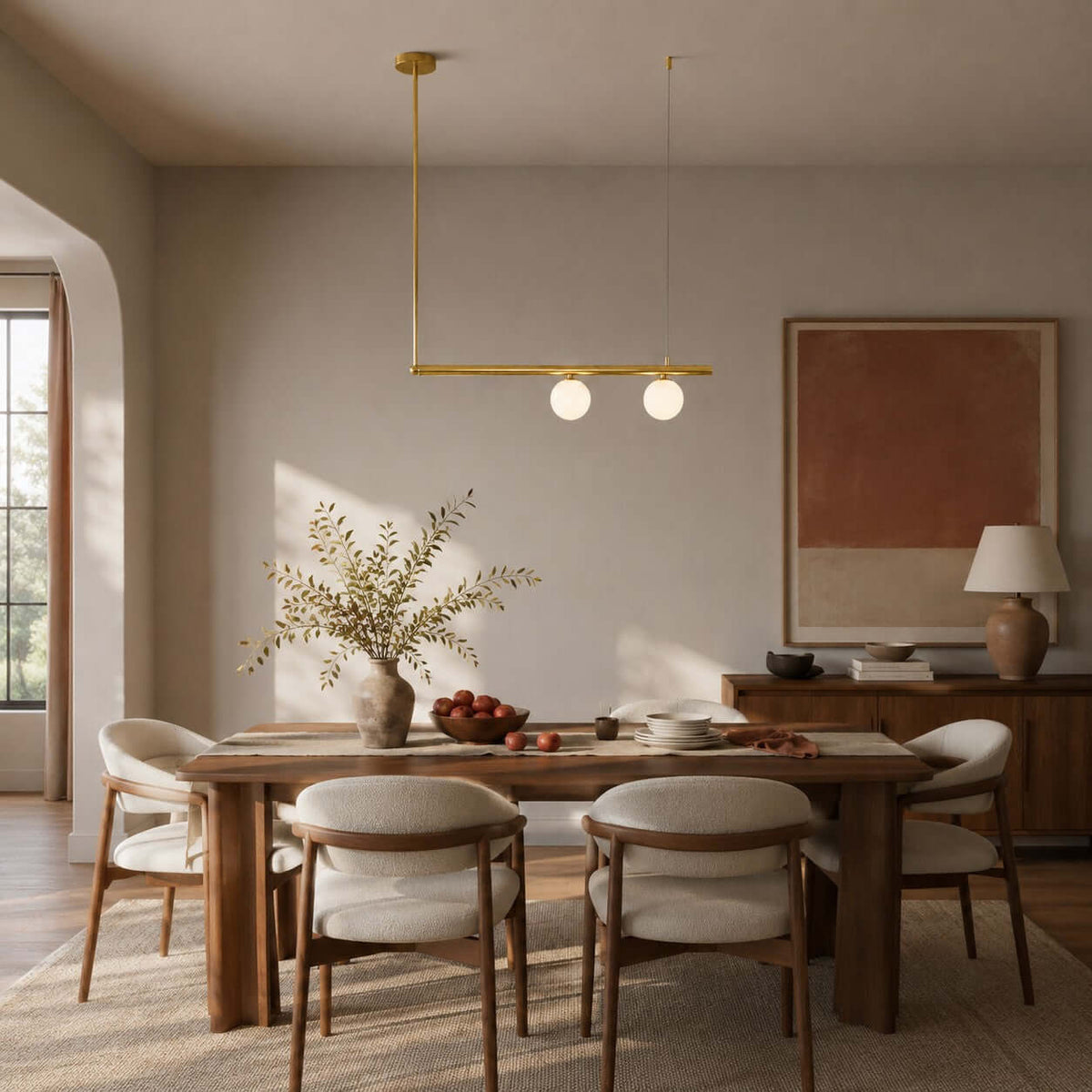 Single-bar Clérachic chandelier with two frosted globes, hung over a wooden dining table in a room with an arched doorway.