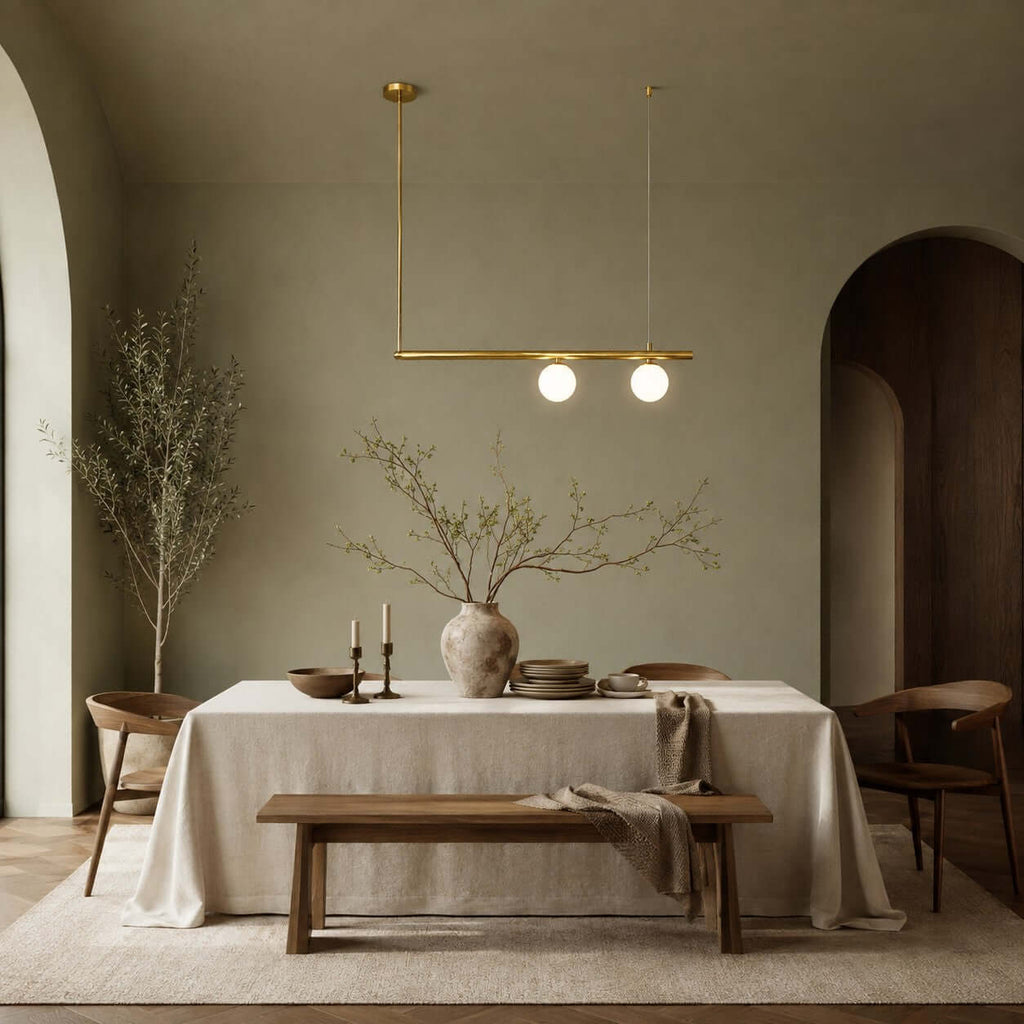 One slim brass bar with two lit globes, from Clérachic, hangs above a linen-covered table in a sage-green room with arched doors.