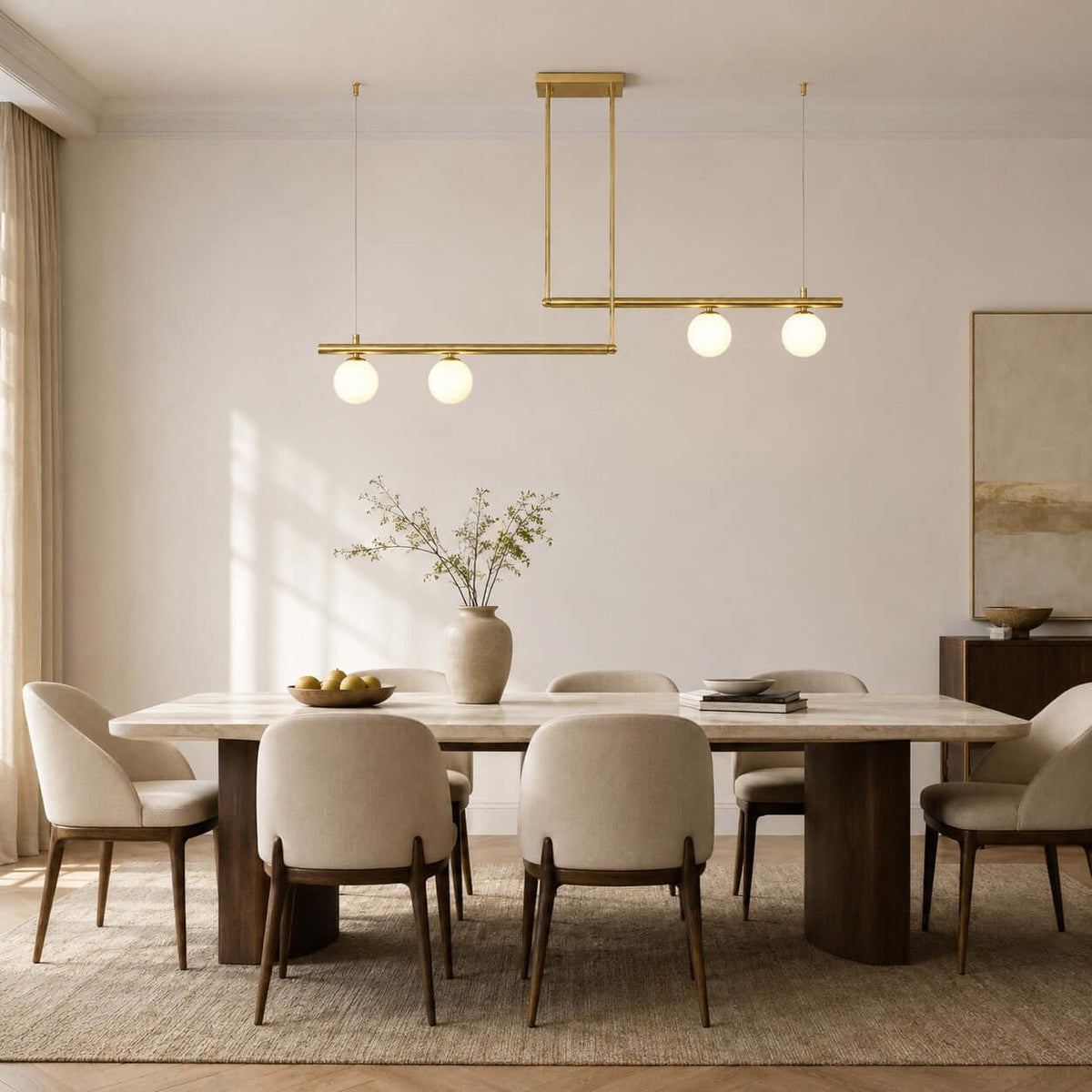 Clérachic chandelier with two brass bars at different heights, four globes glowing, above a stone dining table and cream chairs.