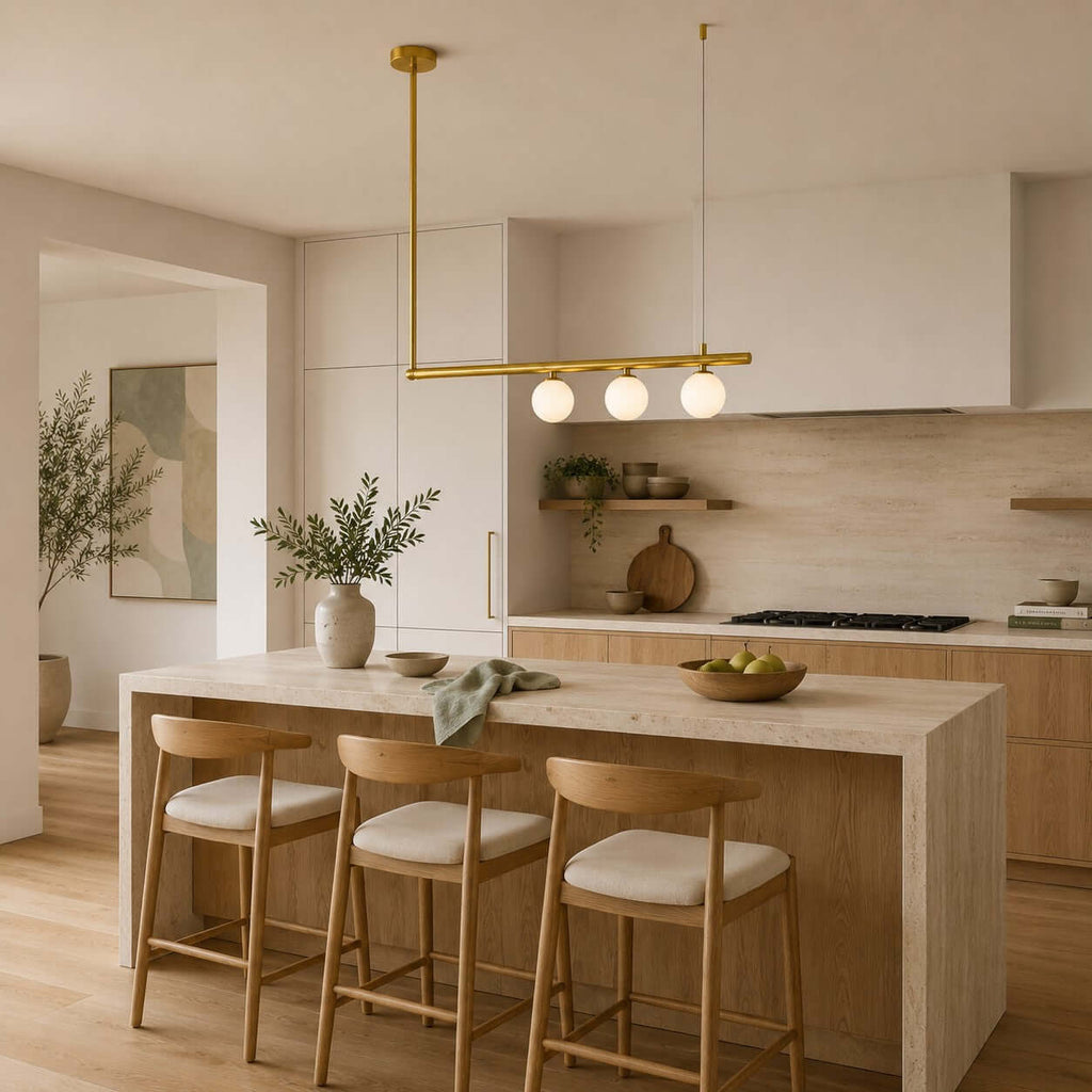 Clérachic brass chandelier with three globes lit, hung close to a hood in a kitchen with a travertine island and wooden stools.