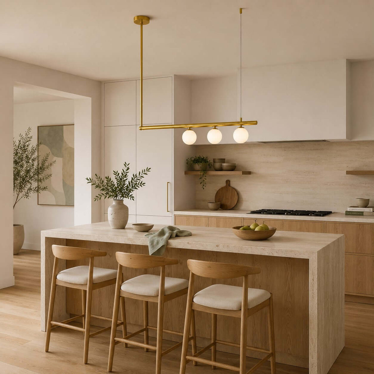 Clérachic brass chandelier with three globes lit, hung close to a hood in a kitchen with a travertine island and wooden stools.