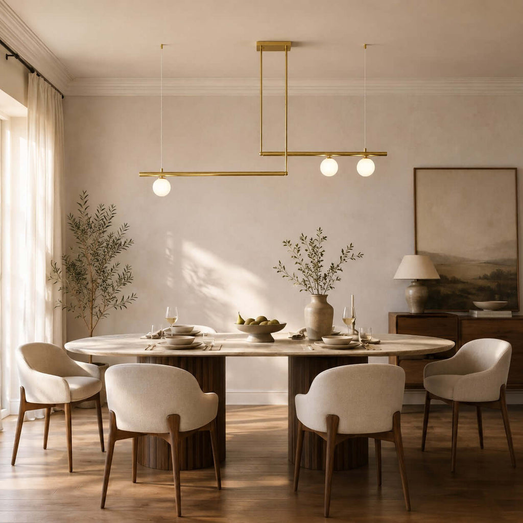 A two-bar Clérachic chandelier, its globes lit, hangs above an oval dining table with curved cream chairs and a sunlit curtain.