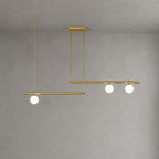 Offset brass bars, one carrying a single frosted globe and the other two, on this Clérachic chandelier against a plain grey wall.