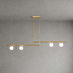 Clérachic linear chandelier with two brass bars, each with two lit frosted globes, hung from a rectangular canopy against a grey wall.