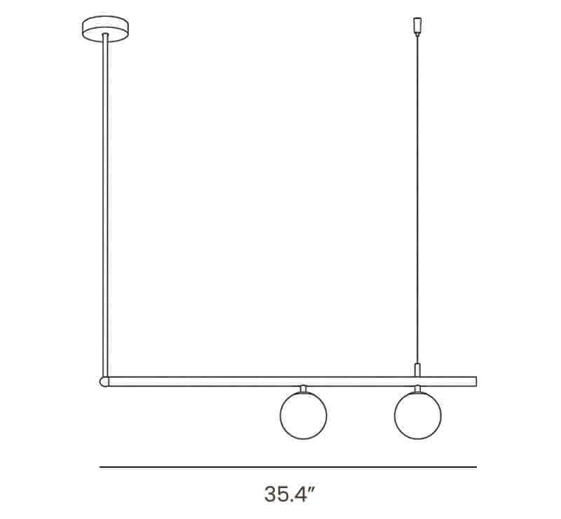 Dimension drawing of this Clérachic chandelier in its 2-light form, with its width of 90 cm (35.4″) marked.