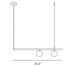 Dimension drawing of this Clérachic chandelier in its 2-light form, with its width of 90 cm (35.4″) marked.