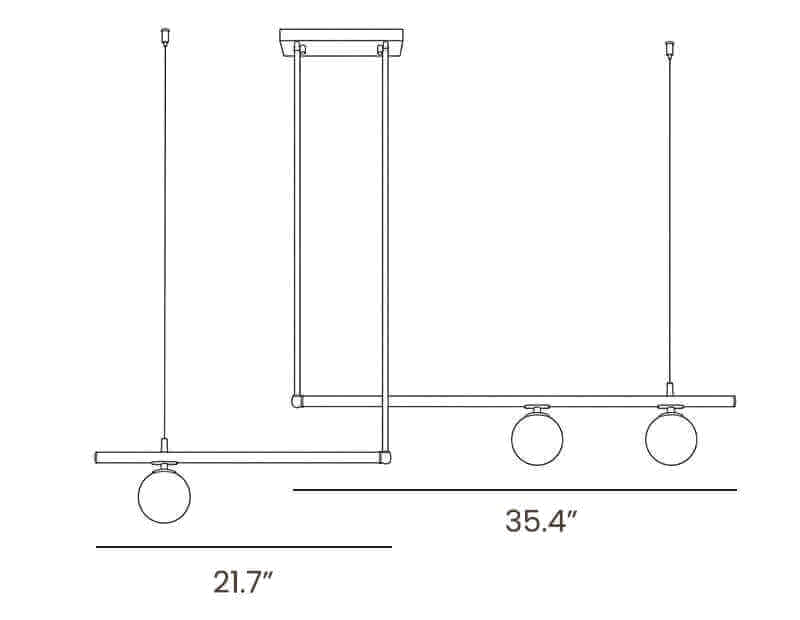 Dimension drawing of this Clérachic chandelier in its 2 + 1 light form, with its 55 cm (21.7″) and 90 cm (35.4″) bar widths marked.