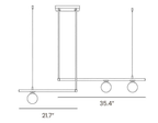 Dimension drawing of this Clérachic chandelier in its 2 + 1 light form, with its 55 cm (21.7″) and 90 cm (35.4″) bar widths marked.