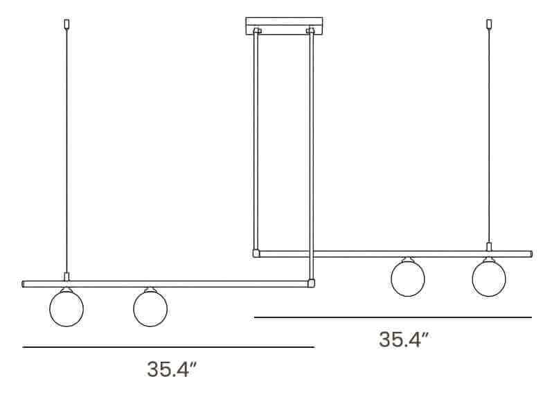 Dimension drawing of this Clérachic chandelier in its 2 + 2 light form, with the two 90 cm (35.4″) bar widths marked.