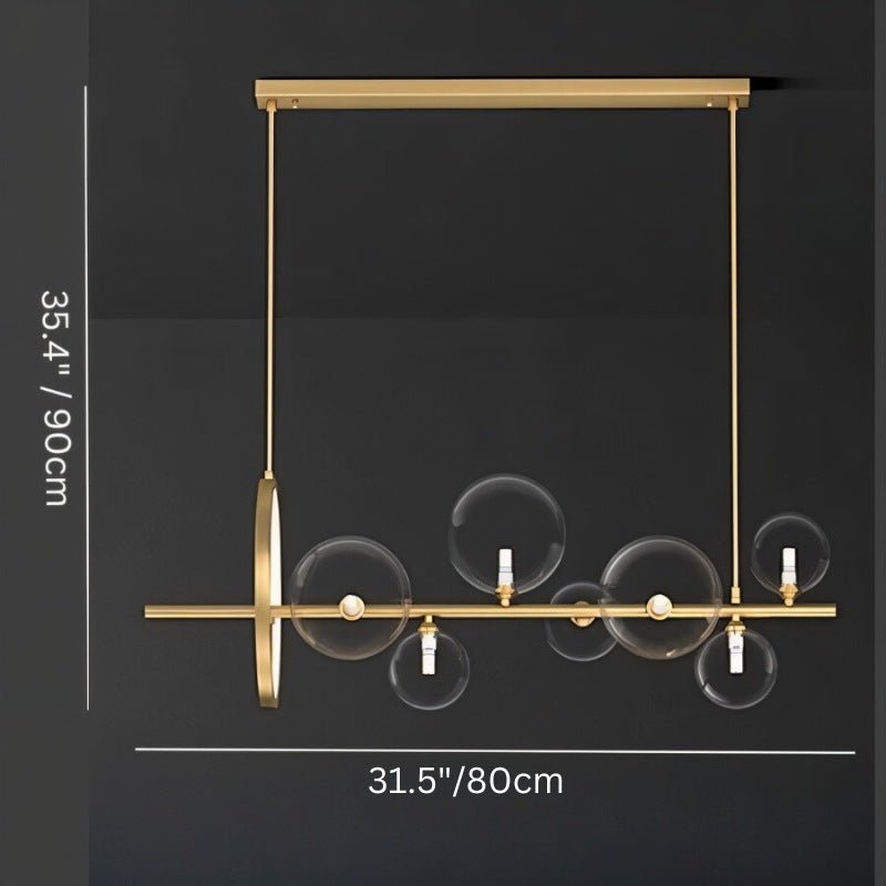 Clérachic seven-globe gold bar chandelier on a dark background, marked 80 cm wide and 90 cm tall including the hanging rods.