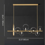 Clérachic seven-globe gold bar chandelier on a dark background, marked 80 cm wide and 90 cm tall including the hanging rods.
