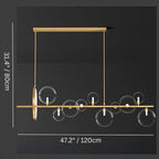 Clérachic ten-globe gold bar chandelier on a dark background, marked 120 cm wide and 80 cm tall including the hanging rods.