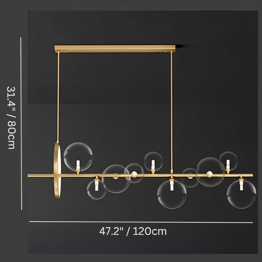 Clérachic ten-globe gold bar chandelier on a dark background, marked 120 cm wide and 80 cm tall including the hanging rods.