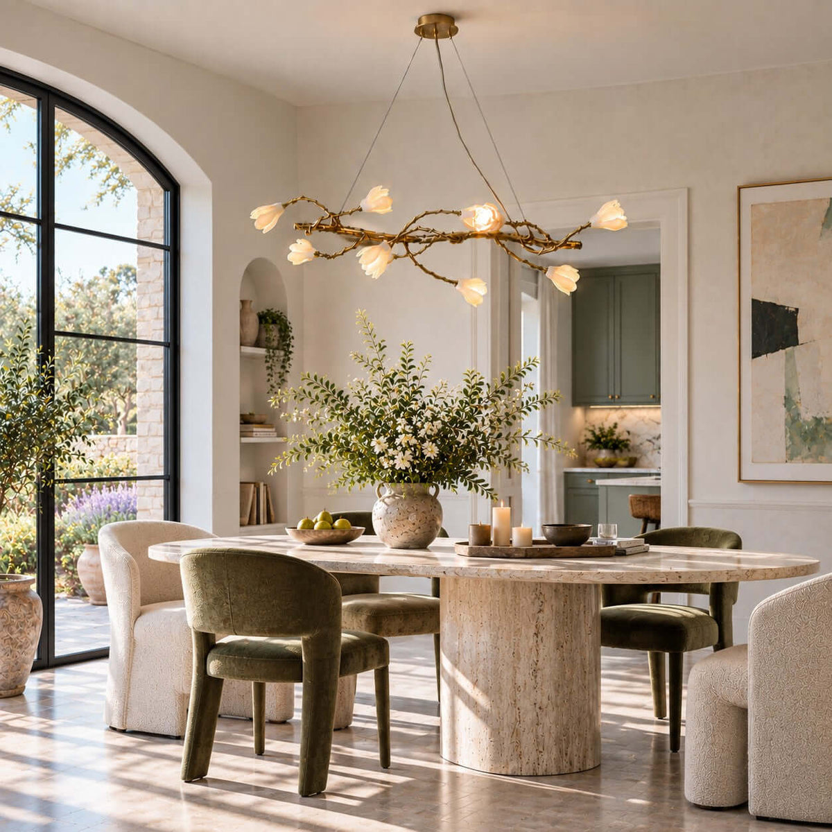 This Clérachic branch chandelier glows above a round stone-topped dining table with olive-green chairs, beside an arched black window.