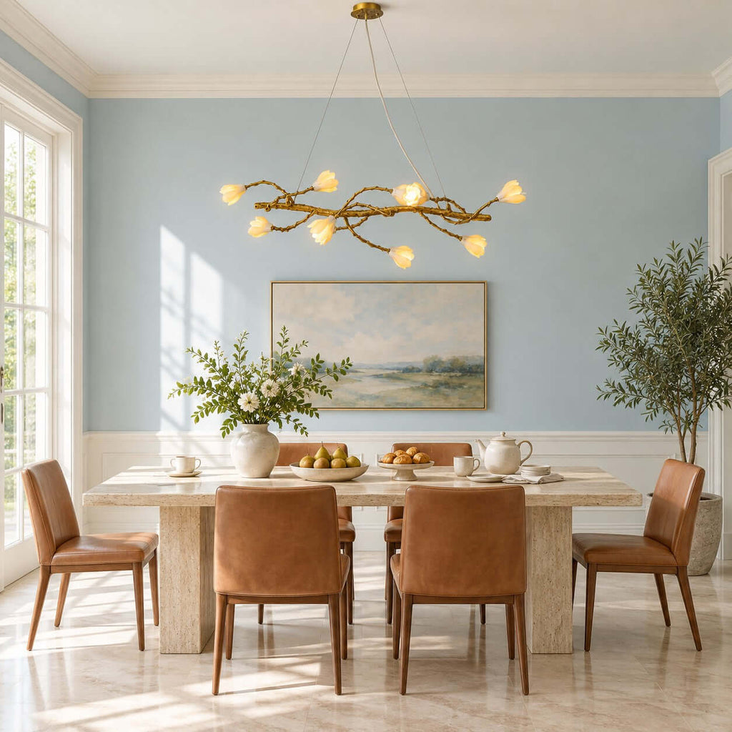 Clérachic linear chandelier of ceramic magnolia blooms above a long dining table with caramel leather chairs, against a soft blue wall.