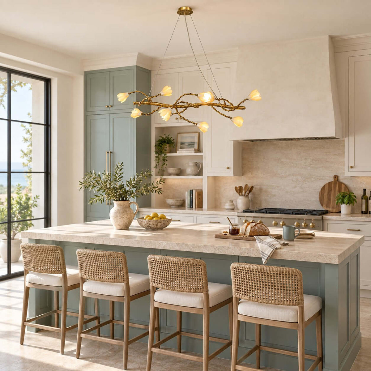Gold vine chandelier from Clérachic lit above a kitchen island with rattan stools, beside sage cabinets and a plaster hood.