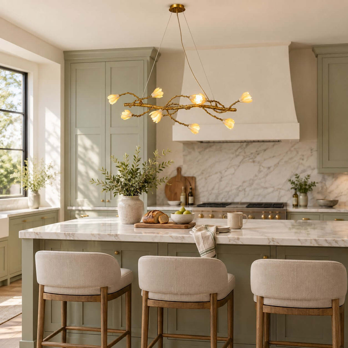 A Clérachic branch chandelier with glowing ceramic blooms above a marble kitchen island with cream stools and sage-green cabinets.