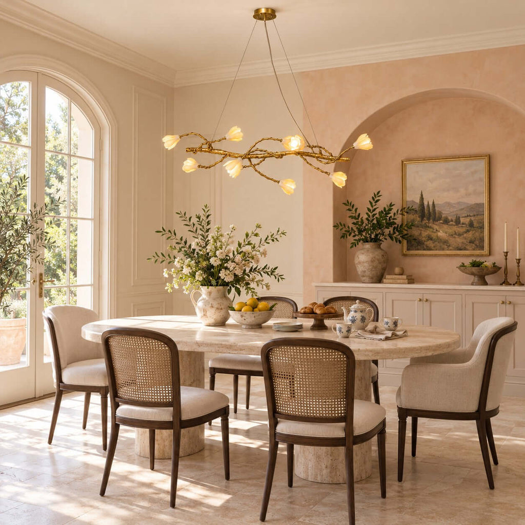 Clérachic magnolia-bloom chandelier hung above a round dining table with cane-backed chairs, in a peach room with arched windows.
