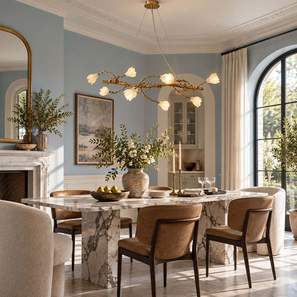 Clérachic linear blossom chandelier above a marble dining table with leather chairs, in a pale blue room with an arched window.